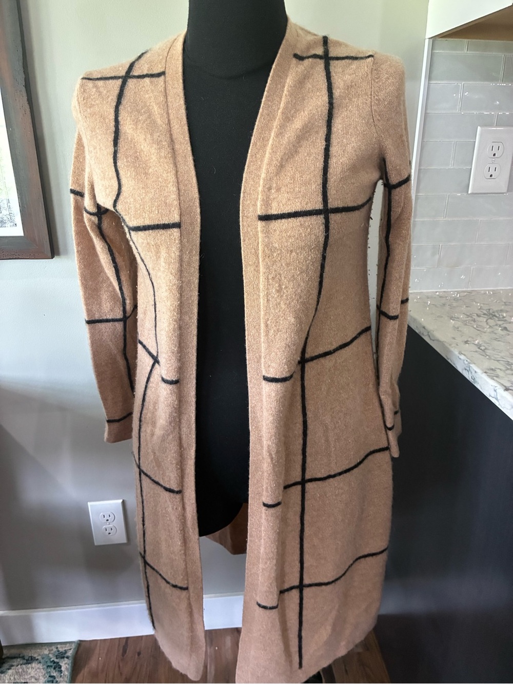 Charter Club Cashmere Luxury S Camel Windowpane Plaid Open-Front Long Cardigan